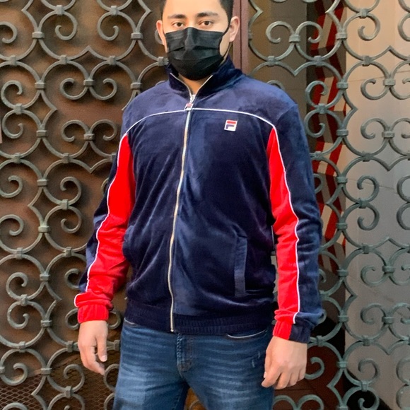 Men's Fila Navy Red Velour Track Jacket - Picture 3 of 6